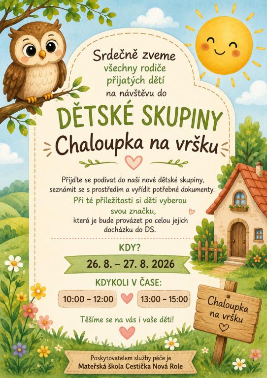 Pozvánka pro rodiče přijatých dětí do dětské skupiny Chaloupka na vršku v Mezirolí